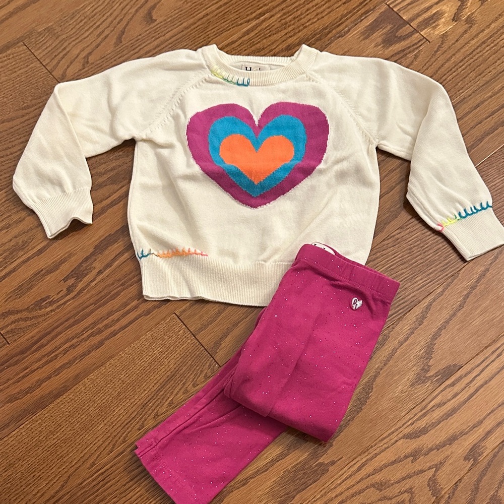 Hatley Cream Sweater and Pink Heart Legging Set 4T